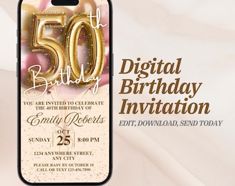 Gold Pink 50th Birthday Invitation | Editable Balloon Theme | Digital 50th Birthday Party Invite Template | Milestone Celebration Invitation