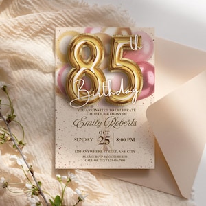 Plantilla de invitación para 85 cumpleaños en oro rosa (descarga digital)