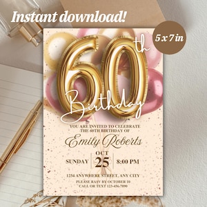60. Geburtstagseinladung für Frauen - Rosegold Party Canva Vorlage, Sofort Download, Elegante Einladung für Sie, Bearbeitbare Vorlage, Canva