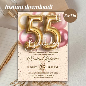 55e verjaardagsuitnodiging voor haar – roségouden feestcanvasjabloon, direct downloaden, elegante verjaardagsuitnodiging voor vrouwen, 55e verjaardag