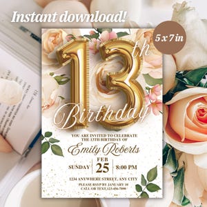 13. Geburtstag Mädchen Einladung | offizielle Teenager Rose Blumenparty einladen Bearbeitbar 13. Geburtstag für Jugendliche | Druckbare Vorlage, Canva