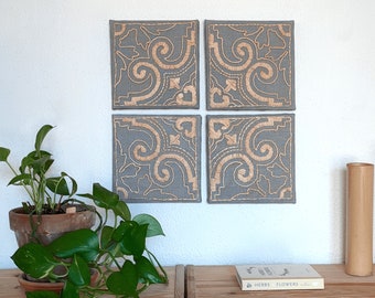 Hand embroidered encaustic tile design wall art. Collection of modernist tiles from Barcelona