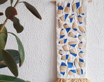 Handcrafted Cotton Tapestry with Natural Raffia and Eco-Friendly Blue Vinyl. Ready to Ship