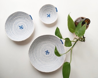 Rope bowls set made of cotton in indigo. Mediterranean decor, great as a key holder, a dish for rings, stationary and many more usefull uses