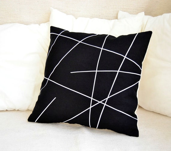 Items similar to Black linen with white design pillow cover Mikado on Etsy