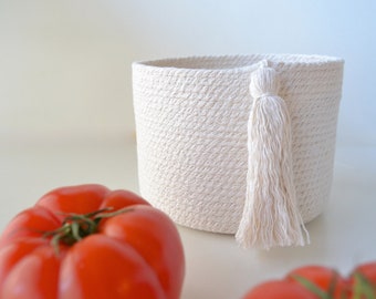 Cotton pot organization basket,  Mediterranean and white theme decor, toy storage or plant pot display.  Versatile rope basket with tassel