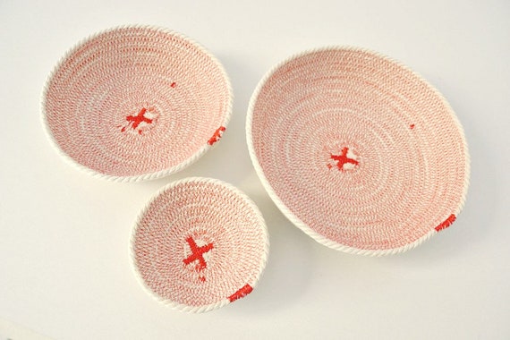 Jewelry plates, Desk organizer cotton basket or home organizer for keys. Great Coiled bowls for a beach decor. Set of cotton bowls.