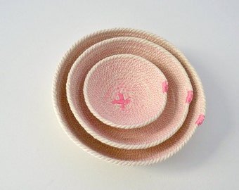 Pretty pink cotton rope nesting dishes for keys or jewlery holder or as a nursery small basket for a tidy decor