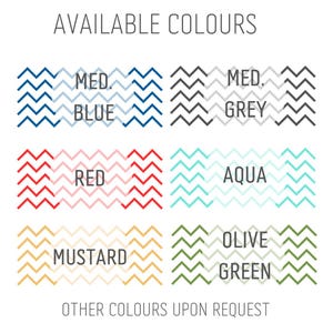 May include: A chart showing available colors for a product. The colors are: medium blue, medium grey, red, aqua, mustard, and olive green. The text "AVAILABLE COLORS" and "OTHER COLORS UPON REQUEST" is also included.