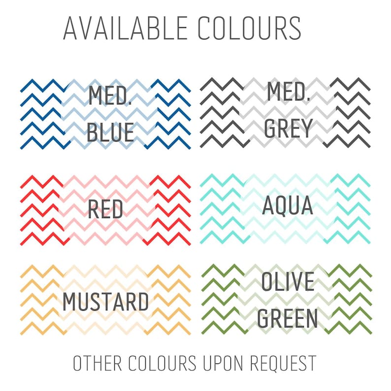 May include: A chart showing available colors for a product. The colors are: medium blue, medium grey, red, aqua, mustard, and olive green. The text "AVAILABLE COLORS" and "OTHER COLORS UPON REQUEST" is also included.