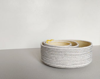 Set of Yellow and Grey Small Rope Baskets. A stylish touch to your modern home decor  - Perfect for new homes and as Boho basket decor.