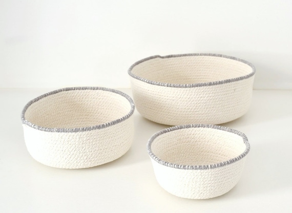 Scandinavian baskets, Basket cotton, Rope bowl, Natural home decor, Mediterranean decor, Natural cotton rope, Set of bowls, White and grey