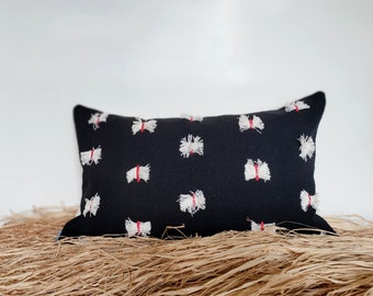 Black cotton lumbar cushion cover with flairy tassle details. Tribal inspiration decor. Ready to ship and gift