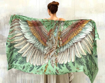 Summer Scarf, Wings Shawl, Aztec Shawl, Large Green Shawl, Silk Sarong Wrap, Phulkari Shawl, Burning Man, Boho Shawl, Tribal Shawl, Shovava