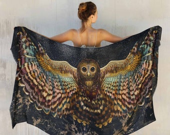 Night Owl, Owl wings costume for women, Lightweight, earthy shaded bohemian special occasion cashmere shawl ideal for burning man festival