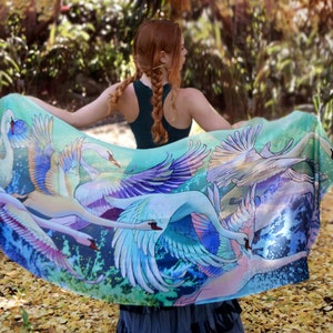 Swan Scarf, Mothers Day Gift, Psychedelic Shawl, Rave Pashmina, Festival Clothing, Accessories For Mom, Teacher Gift, Silk Sarong, Wrap image 1