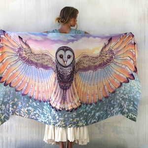 Sunset Owl ~ Owl Wings Shawl, Feather Pashmina, Unique Scarves and Bandanas, Bird Feather Wrap, Wedding Shawl, Sarong Shawl, Rave Shawl