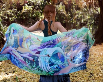 Swan Scarf, Mothers Day Gift, Psychedelic Shawl, Rave Pashmina, Festival Clothing, Accessories For Mom, Oversized Scarf, Silk Sarong, Wrap