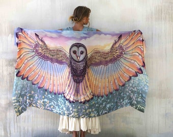 Sunset Owl ~ Owl Wings Shawl, Feather Pashmina, Unique Scarves and Bandanas, Bird Feather Wrap, Wedding Shawl, Sarong Shawl, Rave Shawl