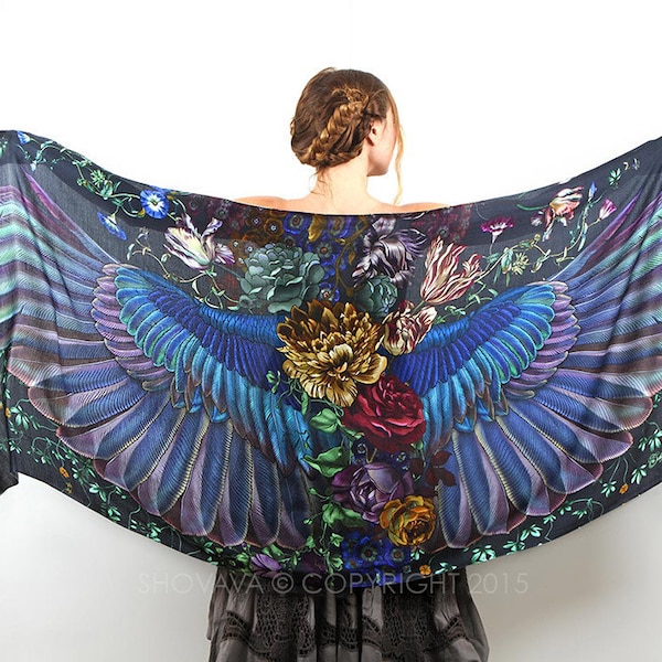 Silk Scarf, Wings Shawl, Cashmere Scarf, Floral Scarf, Pareo Scarf, Fantasy Bird Art, Halloween Shawl, Dark Academia,Printed Scarf,Wife Gift