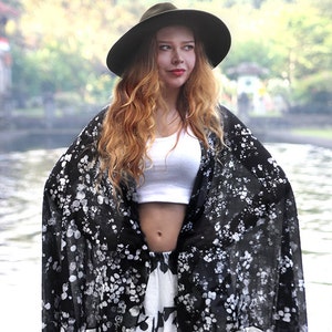 Black Oversize Shawl, Summer Style, Bridesmaid Gift, Travel Accessories, Floral Wrap Scarf, Gift For Her, Cape Scarf, Rave Pashmina,Vacation