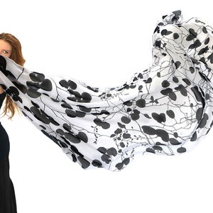 Black And White Scarf, Teacher Gift, Japanese Scarf, Women Pashmina, Floral Wrap Shawl, Wedding Scarf, Women Sarong, Anniversary Gift image 1