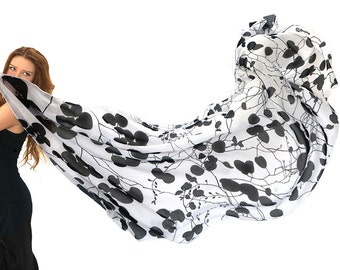 Black And White Scarf, Anniversary Gift For Her, Japanese Scarf, Women Pashmina, Floral Wrap Shawl, Wedding Scarf, Women Sarong, Shoulder