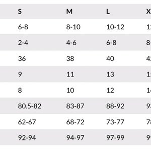 May include: Size chart for clothing with measurements in US, UK, French, Japanese, and Australian sizes, as well as bust, waist, and hip measurements in centimeters.