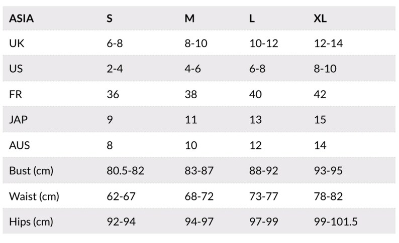 May include: Size chart for clothing with measurements in US, UK, French, Japanese, and Australian sizes, as well as bust, waist, and hip measurements in centimeters.