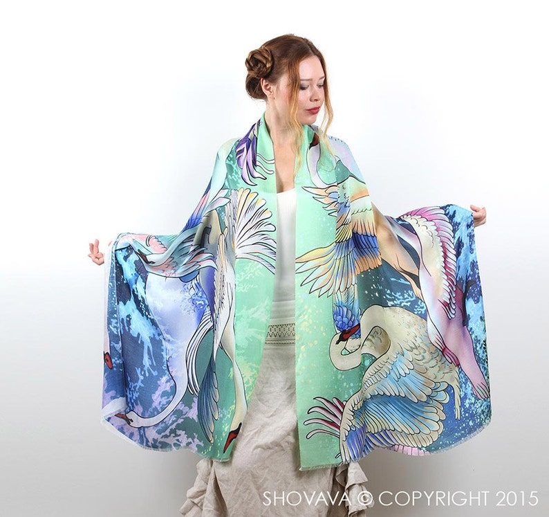 Swan Scarf, Mothers Day Gift, Psychedelic Shawl, Rave Pashmina, Festival Clothing, Accessories For Mom, Teacher Gift, Silk Sarong, Wrap image 2