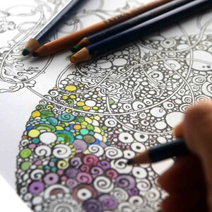 K&ouml;nnte beinhalten: Nahaufnahme einer Person, die ein detailliertes Schwarz-Wei&szlig;-Mandala-Design mit Buntstiften ausmalt. Das Design enth&auml;lt komplizierte Wirbel, Kreise und Punkte. Die Person verwendet einen blauen Stift, um das Design auszumalen.