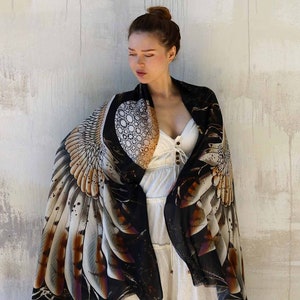 Owl Wings Shawl, Black Owl Scarf, Festival Clothing Women, Mothers Day Gift, Owl Feather Shawl, Bird Pashmina, Barn Owl Wrap Scarf Cape image 6