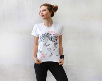 White Printed T-shirt, Tasmanian Tiger, Thylacine Women, White Organic Cotton, Animal T-shirt, Comfortable Cotton, Sport T-shirt, Activewear