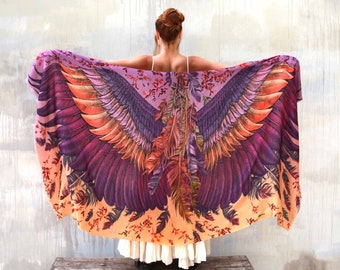 Blush Chic ~ Wings Shawl, Hand Painted Shawl, Feathers Shawl, Cashmere Muffler, Fairy Wings Shawl, Burning Man Shawl, Special Occasion
