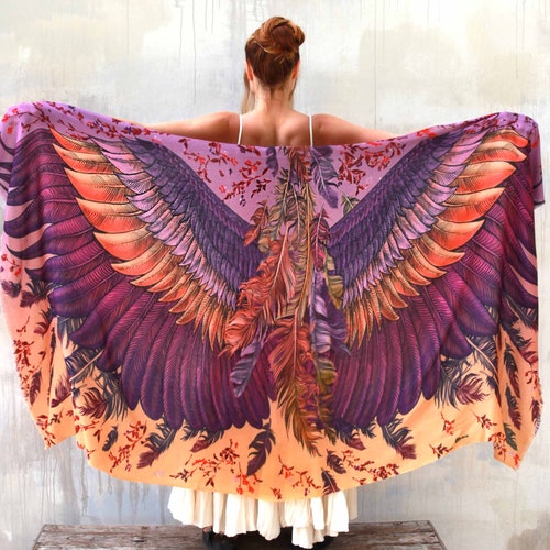 Blush Chic ~ Wings Shawl, Hand Painted Shawl, Feathers Shawl, Cashmere Muffler, Fairy Wings Shawl, Vibrant Color Shawl, Festival Accessories