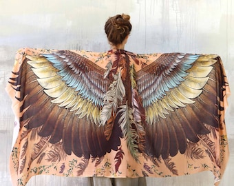 Silk Print Summer Scarf, Bird Wings Shawl, Saffron Feather Wrap Shawl, Boho Chic Shawl, Burning Man, Women Sarong, Rave Clothing, Shovava