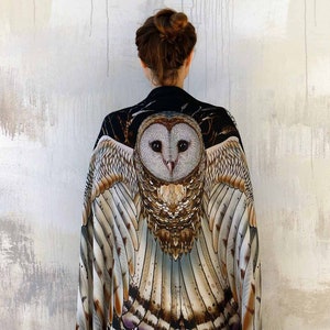 Owl Wings Shawl, Black Owl Scarf, Festival Clothing Women, Mothers Day Gift, Owl Feather Shawl, Bird Pashmina, Barn Owl Wrap Scarf Cape image 4