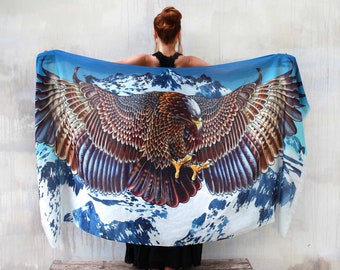 Eagles Wings Mountain ~ Blue Wing Shawl, Women Sarong, Silk Shawl Cape, Wings Wrap Shawl, Boho Wedding Gift, Beach Pareo, Eagle Wings Shawl