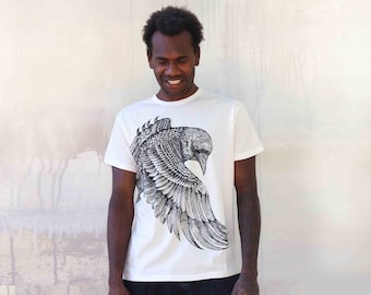 Raven Tshirt For Men, Burning Man Clothing, Gift For Dad, Festival Shirt, Fathers Day Gift, Bird Tshirt, White Top, African Print Shirt