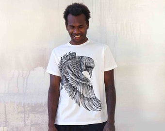 Men Tshirt, Graphic White Tee, Raven Tshirt, Printed Bird Tshirt, White Top, Printed Top, African Top, Crow T-shirt, Organic Clothing