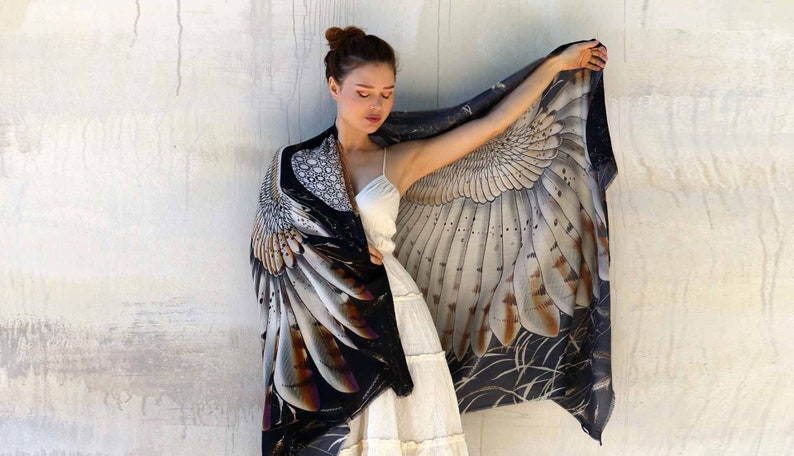 Owl Wings Shawl, Black Owl Scarf, Festival Clothing Women, Mothers Day Gift, Owl Feather Shawl, Bird Pashmina, Barn Owl Wrap Scarf Cape image 5