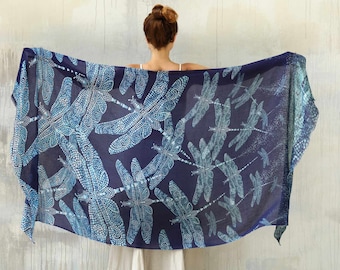 Dragonfly ~ Large Pashmina Shawl, Blue Beach Cover Up, Summer Festival Clothing Women, Summer Shawl, Mom Gift, Oversized Scarf, Unique Shawl