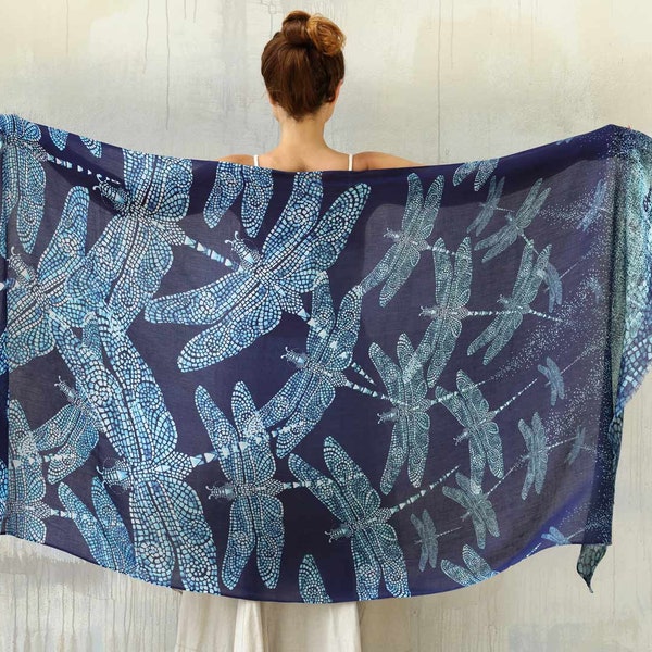 Dragonfly ~ Large Pashmina Shawl, Blue Beach Cover Up, Summer Festival Clothing Women, Summer Shawl, Mom Gift, Oversized Scarf, Unique Shawl