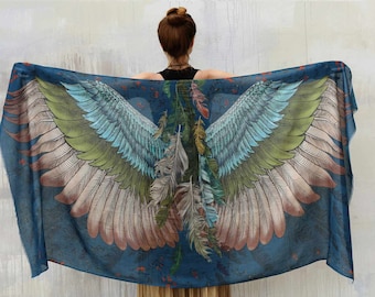 Jasper ~ Printed Shawl, Wings Shawl, Hand Painted Pashmina, Bird Wings Shawl, Oversized Silk Shawl, Feather Shawl,Burning Man Sarong,Shovava