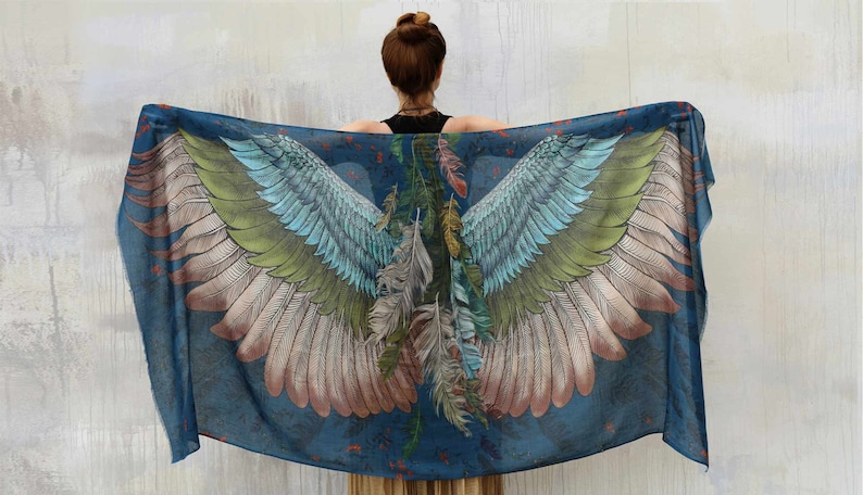 Jasper Bird Wings Scarf, Feather Scarf, Accessories For Mom, Oversized Shawl, Mothers Day Gift, Wings Wrap, Festival Pashmina, Silk Sarong image 1