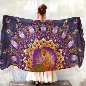 Purple Peacock ~ Scarf, Feather Shawl, Mothers Day Gift, Peacock Feathers Pashmina, Festival Clothing, Rave Pashmina, Sacred Wrap, Trippy