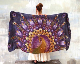 Purple Peacock ~ Rave Scarf, Christmas Gifts For Her, Feather Pashmina, Holiday Gifts, Stocking Stuffers, Burning Man Clothing, Festival
