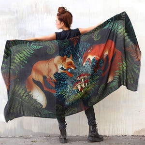 Mycelium ~ Woodland And Foxes Shawl Rave Outfits for Burning Man Festival - Fantasy Black Elven Wrap Scarf Summer Festival Womens Clothing