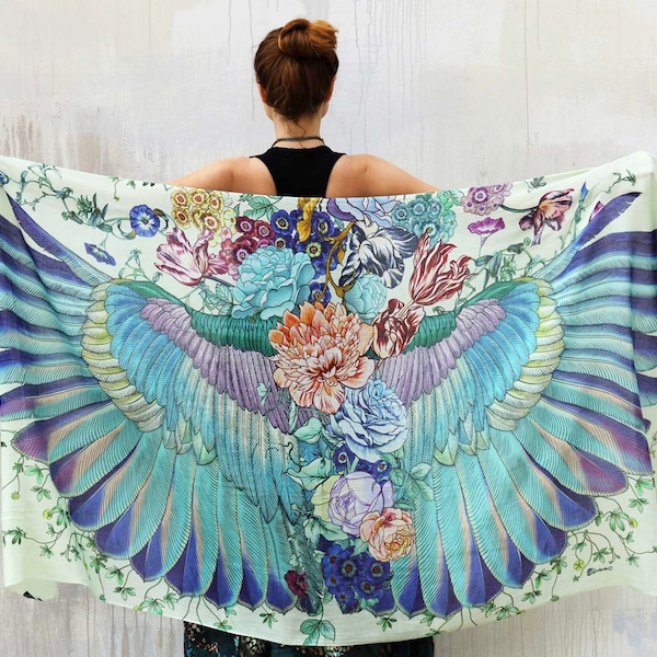 Sublime ~ Feather Wings Shawl, Festival Clothing, Summer Style Sarong, Wing Pashmina, Burning Man Clothing, Japanese Phoenix Scarf, Travel