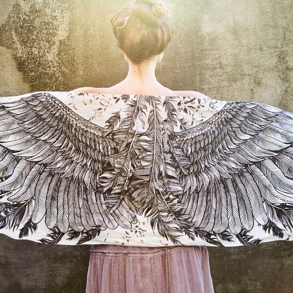 Women scarf, Original Art hand painted Wings and feathers in Modal/rayon, stunning unique and useful, perfect gift